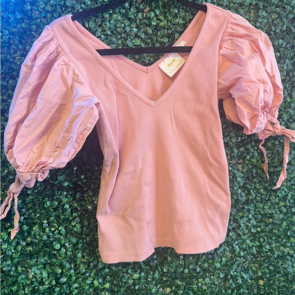 Maeve Blush Puff Sleeve V-Neck Blouse Anthropologie Brand